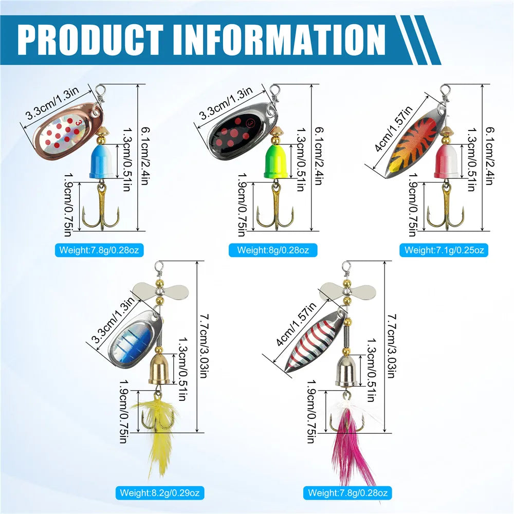 5/10Pcs Spinner bait Fishing Lures Spinnerbaits Spoon Lures  Feather Tail treble hooks Metal Spinner Lure for Bass Trout Salmon