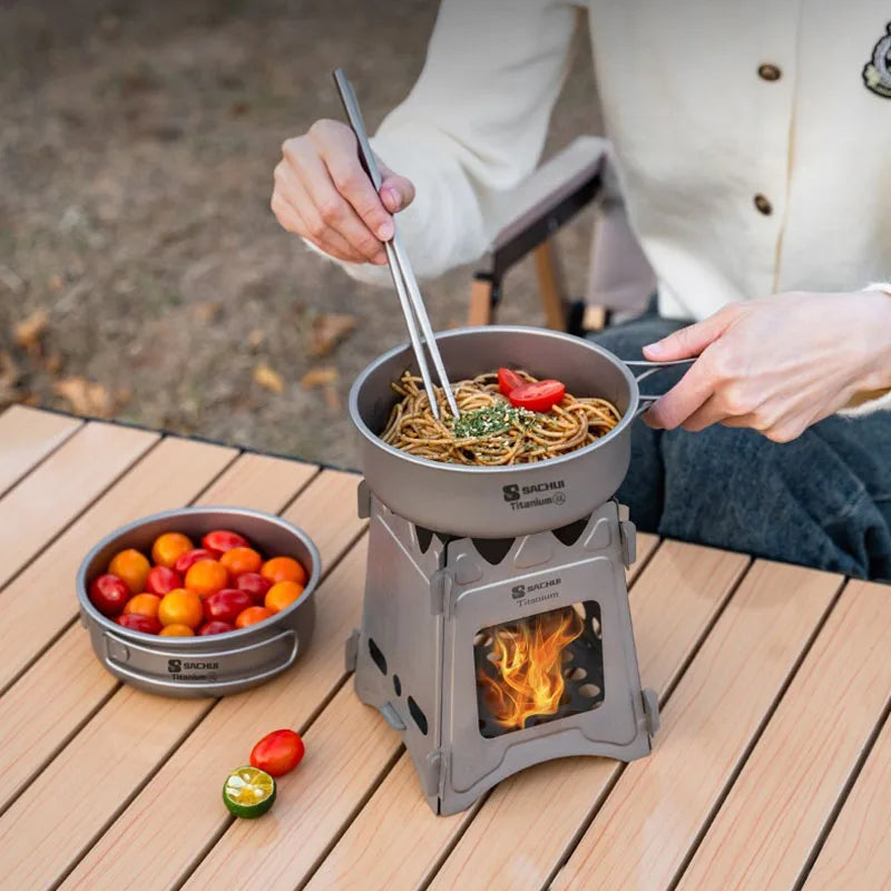 Pure Titanium Pans Bowls Dishes Set With Folding Handle Outdoor Camping Portable Plates Wok Frying Pan Tableware 5 Packed
