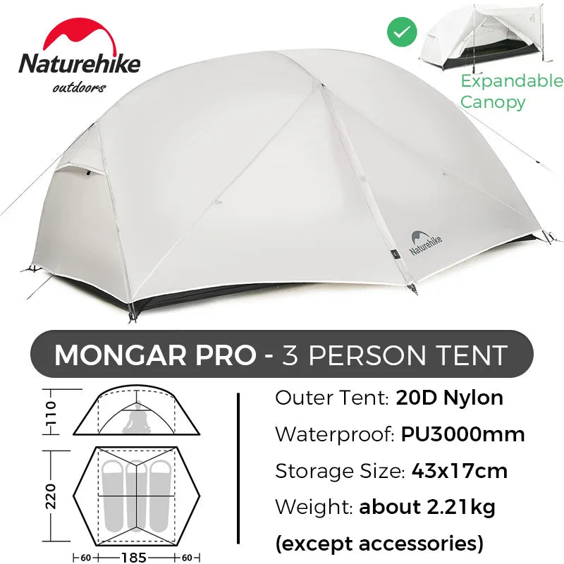 Naturehike Mongar UL/PRO 1 2 3 Person Tent Ultralight Waterproof Backpacking Tent Outdoor Portable Hiking Camping Sunshade