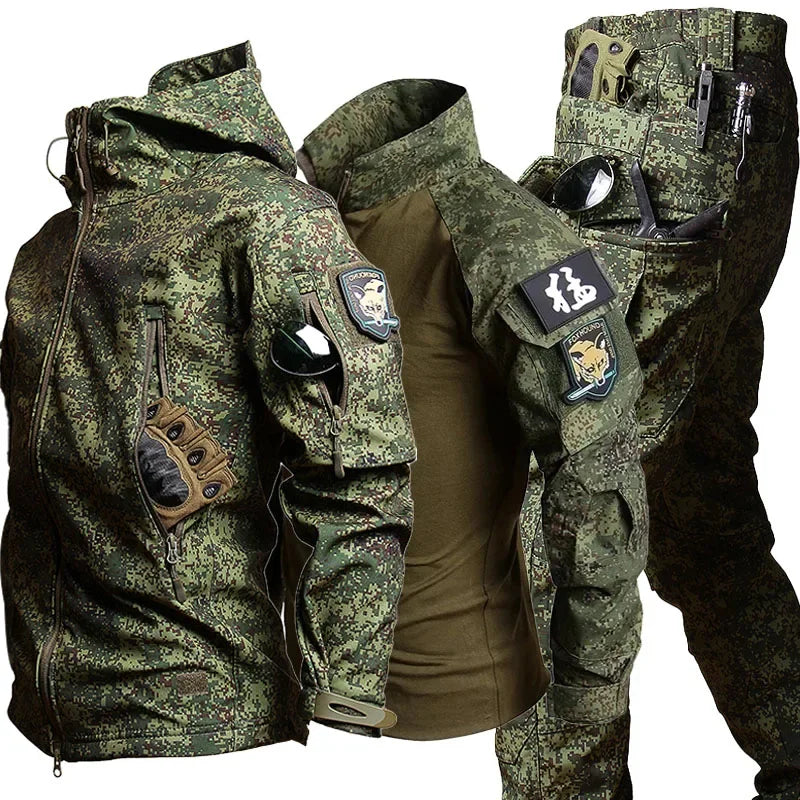 Soft Shell Combat Suit Military Uniform Army Jackets Hooded Top+Breathable Long Sleeve Cargo Pants Men Hunting Sets Multi-pocket