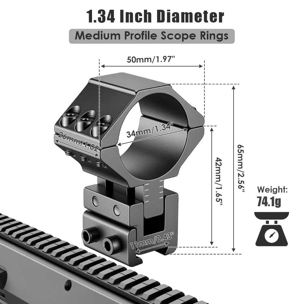 UniqueFire Scope Mount Rings for Dia 34mm Tube for 20mm Dovetail Picatinny Rail Flashlight Mount Adjustable Height and Angle