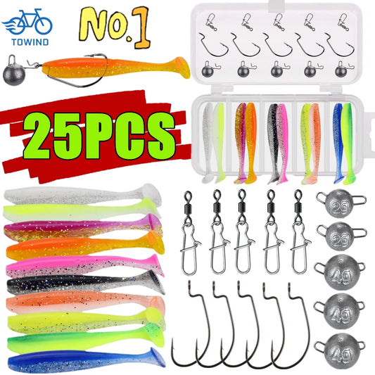 25PCS/Box Soft Fishing Lures Kit Silicone Lure Set Artificial Bait Worm with Crank Hook Fishing Weights Sinkers Soft Lures Set