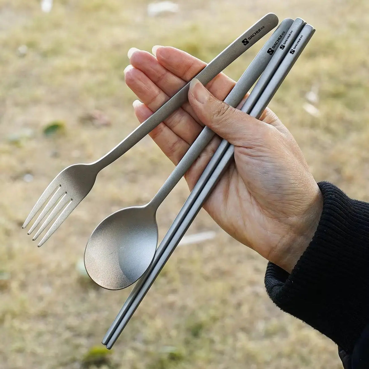 Titanium Camping Cutlery Set Long Handle Spoon Fork Chopsticks Uncoated Portable Lightweight Outdoor Travel Metal Tableware