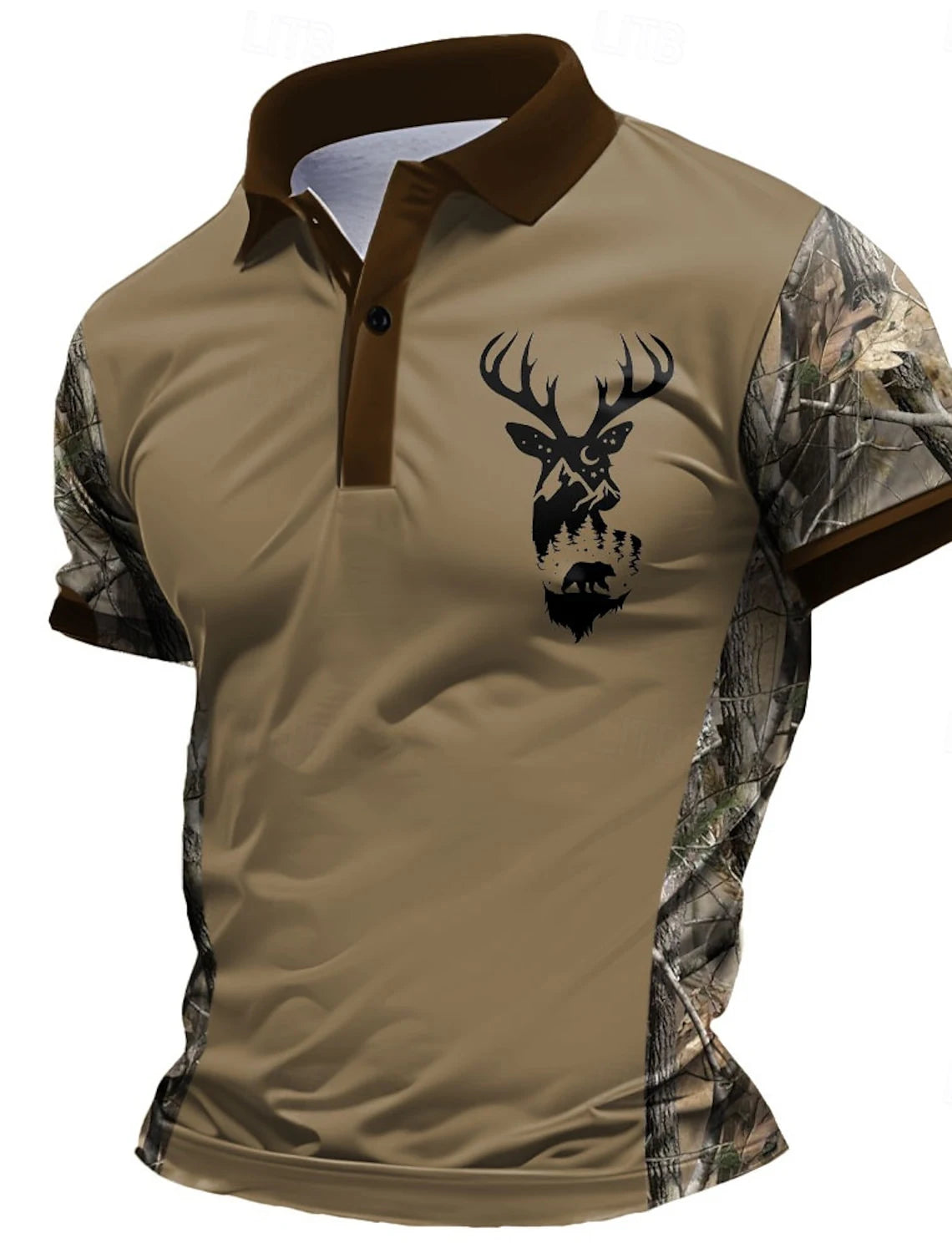 Men's Casual Deer Head Print Short-Sleeved Buttoned Polo Shirt Spring Summer and Autumn Fashionable Polo Shirt Suitable for Goi