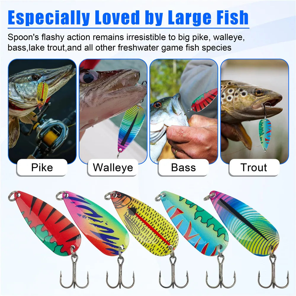 5pcs Spoon Fishing lures Trolling spoon metal jig Spinner bait Casting Lure for Bass Salmon Grouper Jigging Lure with Tackle Box