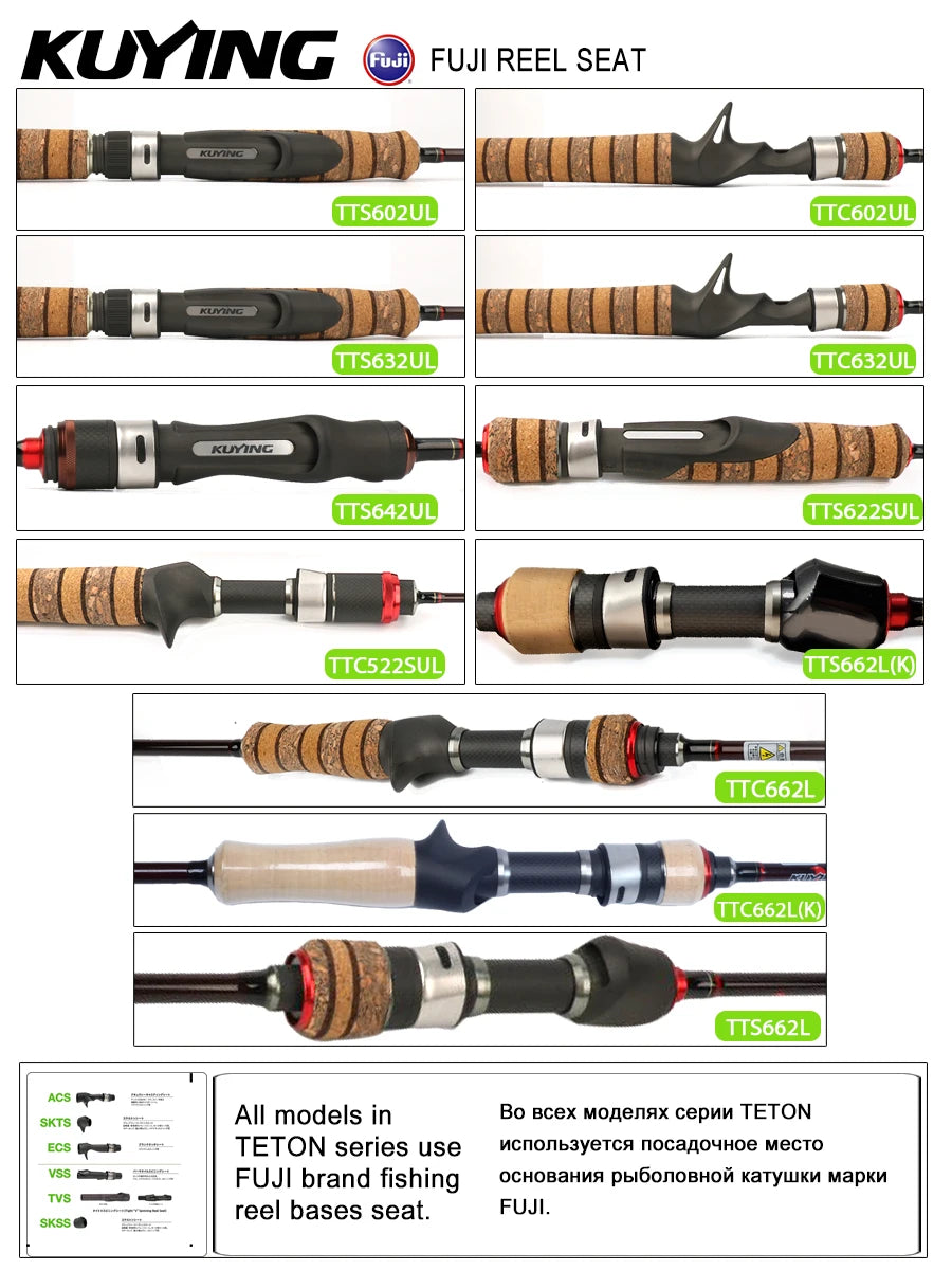 KUYING TETON L UL SUL 5'2' 6' 6'3' 6'4'6'2' 6'6' Fishing Rod Lure Cane Spinning Casting FUJI Carbon 1-4g 0.8-3g 2-10g M-Fast BFS