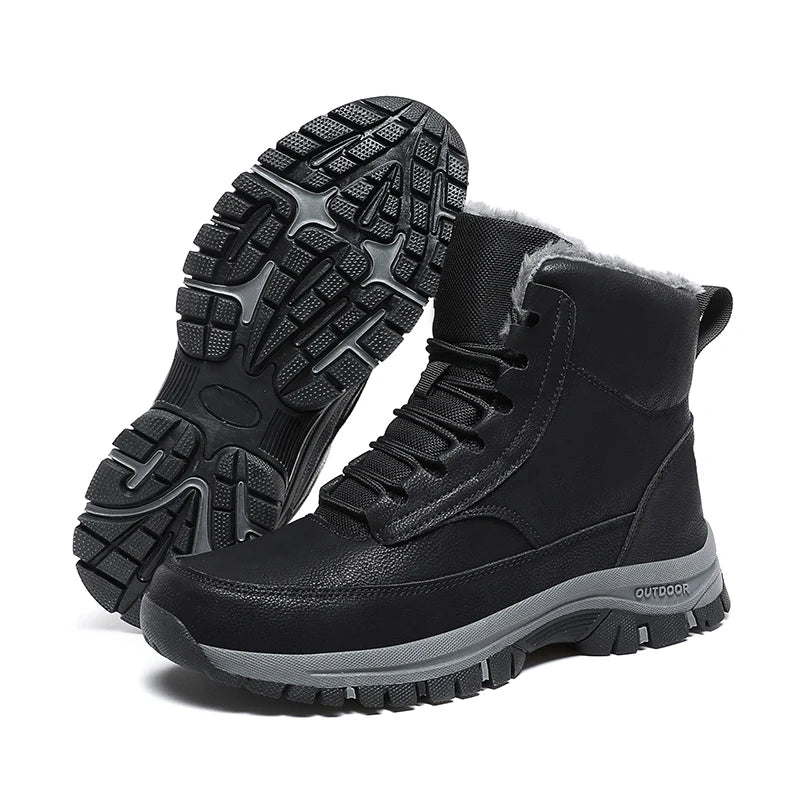New Men's Hiking Boots Thickened Non-Slip Warm Flat High Top Boots Casual Winter Outdoor Leather Snow Boots Oversized Work Boots