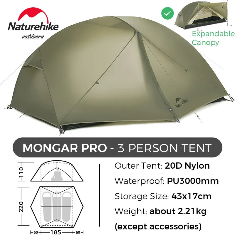 Naturehike Mongar UL/PRO 1 2 3 Person Tent Ultralight Waterproof Backpacking Tent Outdoor Portable Hiking Camping Sunshade