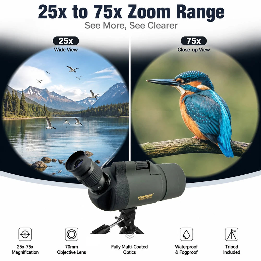 Visionking 25-75x70 Telescope Spotting Scope Monoculars Long Reach View Powerful Camping Birdwatching Hunting Scope With Tripod