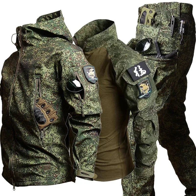 Soft Shell Combat Suit Military Uniform Army Jackets Hooded Top+Breathable Long Sleeve Cargo Pants Men Hunting Sets Multi-pocket